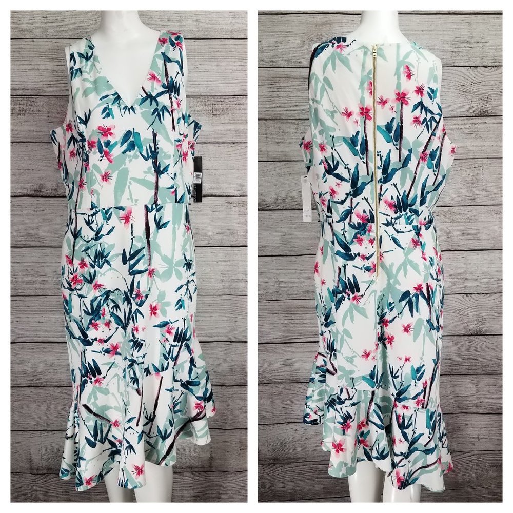 NEW Maggy London 12 Sheath Flounce Dress Floral Asymmetrical Hem Midi